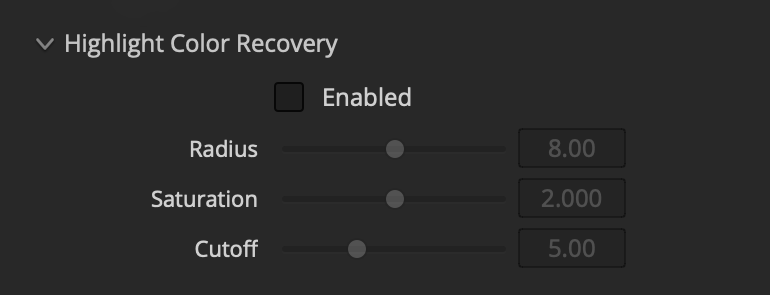 Scatter Highlight Color Recovery controls with Radius, Saturation, and Cutoff