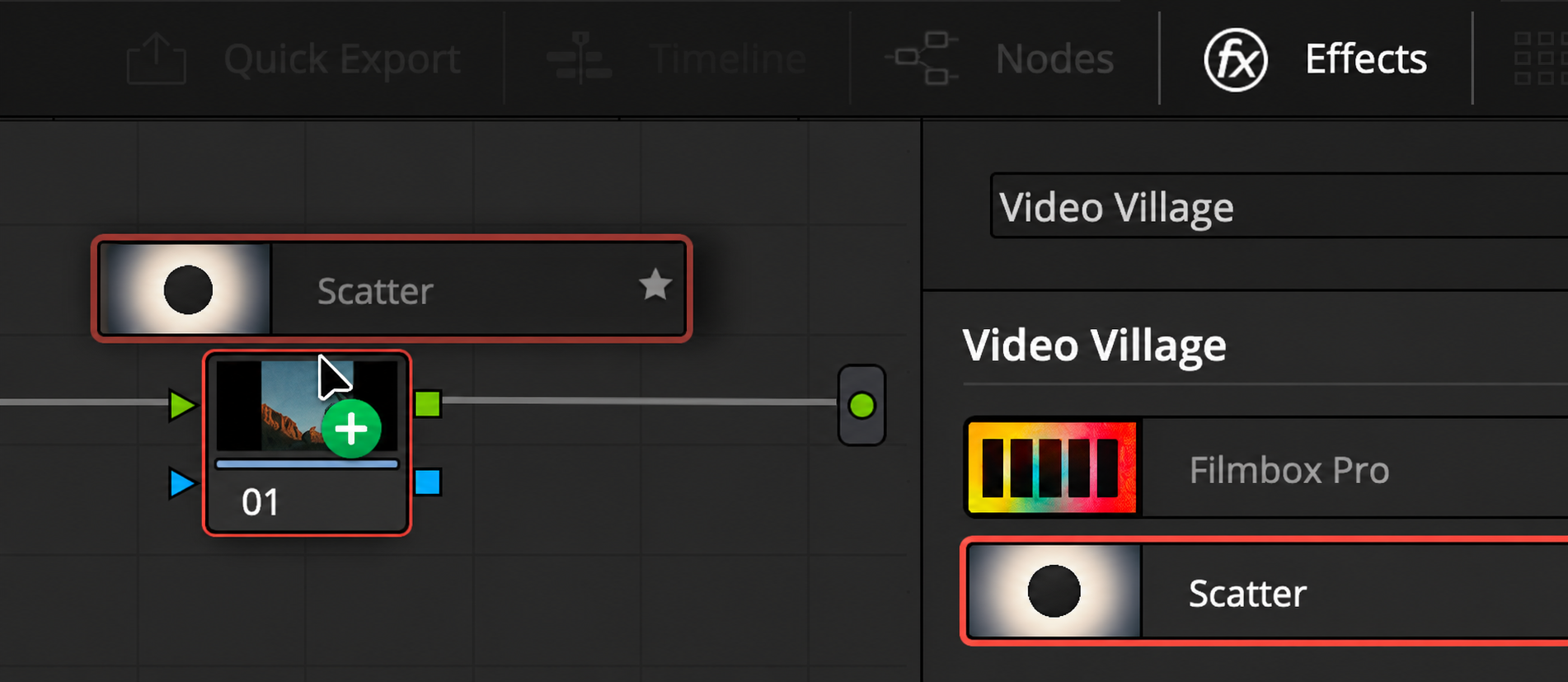 Dragging Scatter from the Resolve Effects library onto a color node